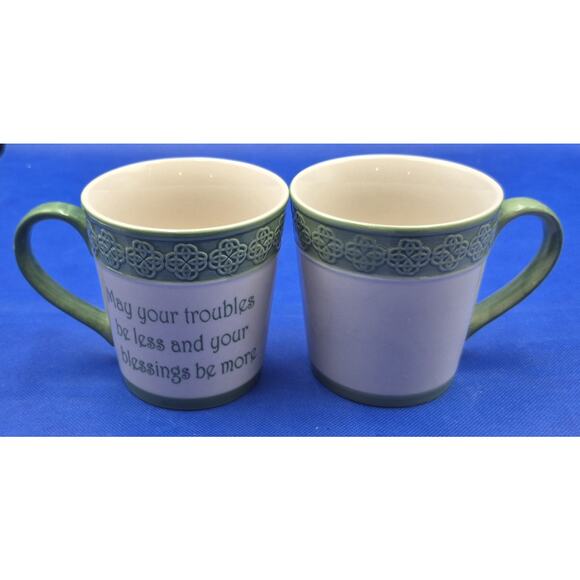 Two Celtic Knot Irish Blessing Stoneware Mugs Green Cream 15oz Capacity - Picture 12 of 12